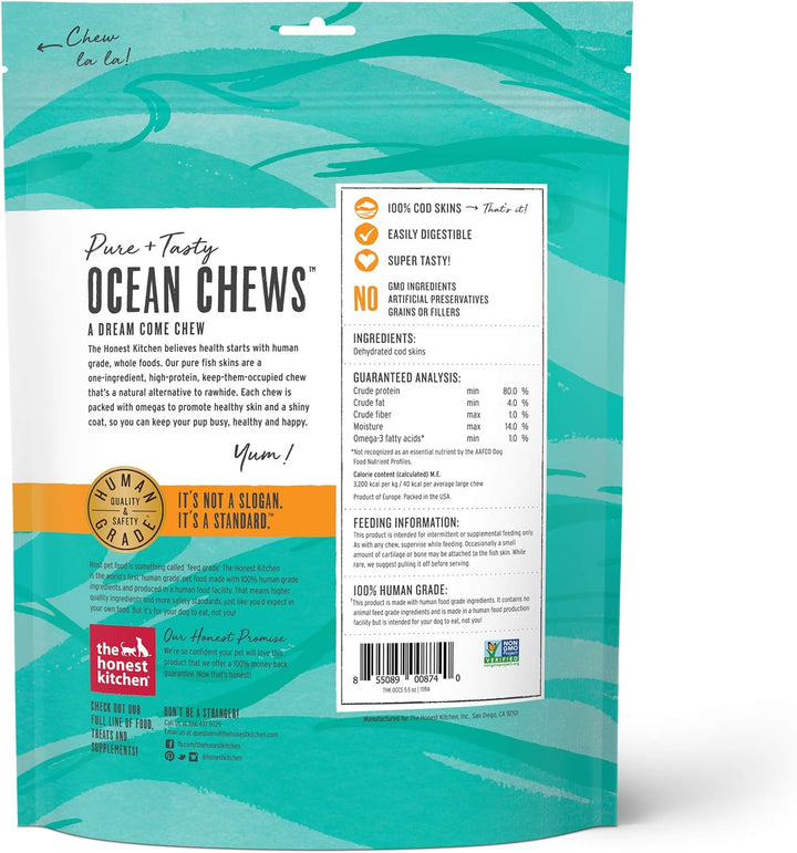 Back of a 'Ocean Chews' packaging with teal and white design. The Honest Kitchen Human Grade Ocean Chews Crispy Cod Fish Skins, 5.5 Ounces- 3 PACK