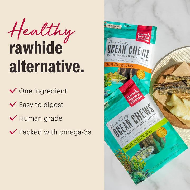 Package of Ocean Chews with text highlighting benefits on a light background. The Honest Kitchen Human Grade Ocean Chews Crispy Cod Fish Skins, 5.5 Ounces- 3 PACK