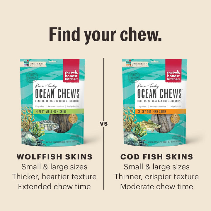 Comparison of Ocean Chews for wolves and cod fish on a beige background