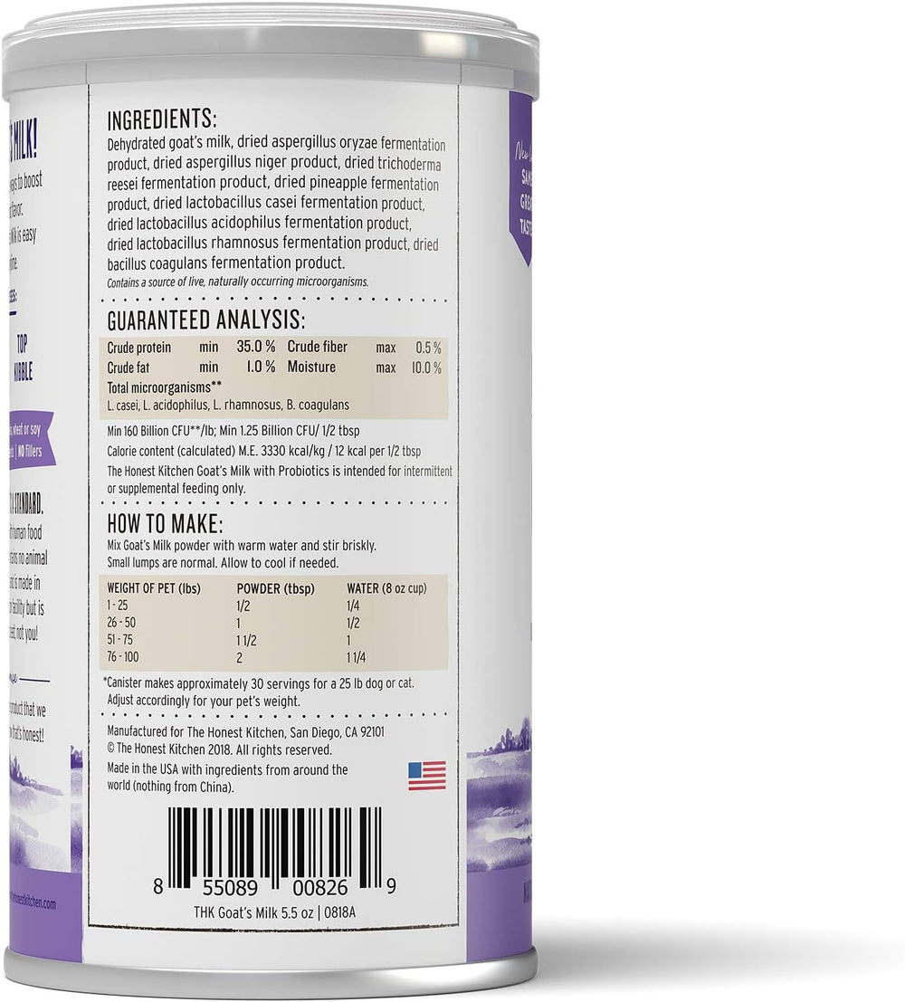 Back of a protein powder container with text and nutritional information. The Honest Kitchen Instant Goat's Milk with Probiotics