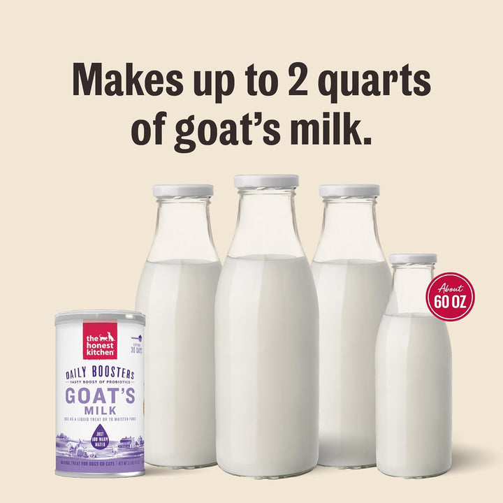 Bottles of goat's milk with a container labeled 'Daily Boosters Goats Milk' on a beige background. The Honest Kitchen Instant Goat's Milk with Probiotics