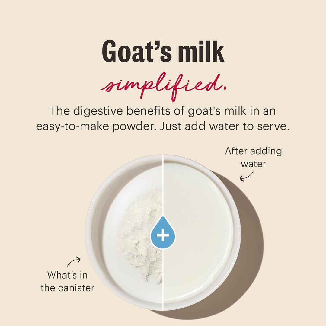 Goat's milk powder in a canister with text explaining its benefits and usage. The Honest Kitchen Instant Goat's Milk with Probiotics