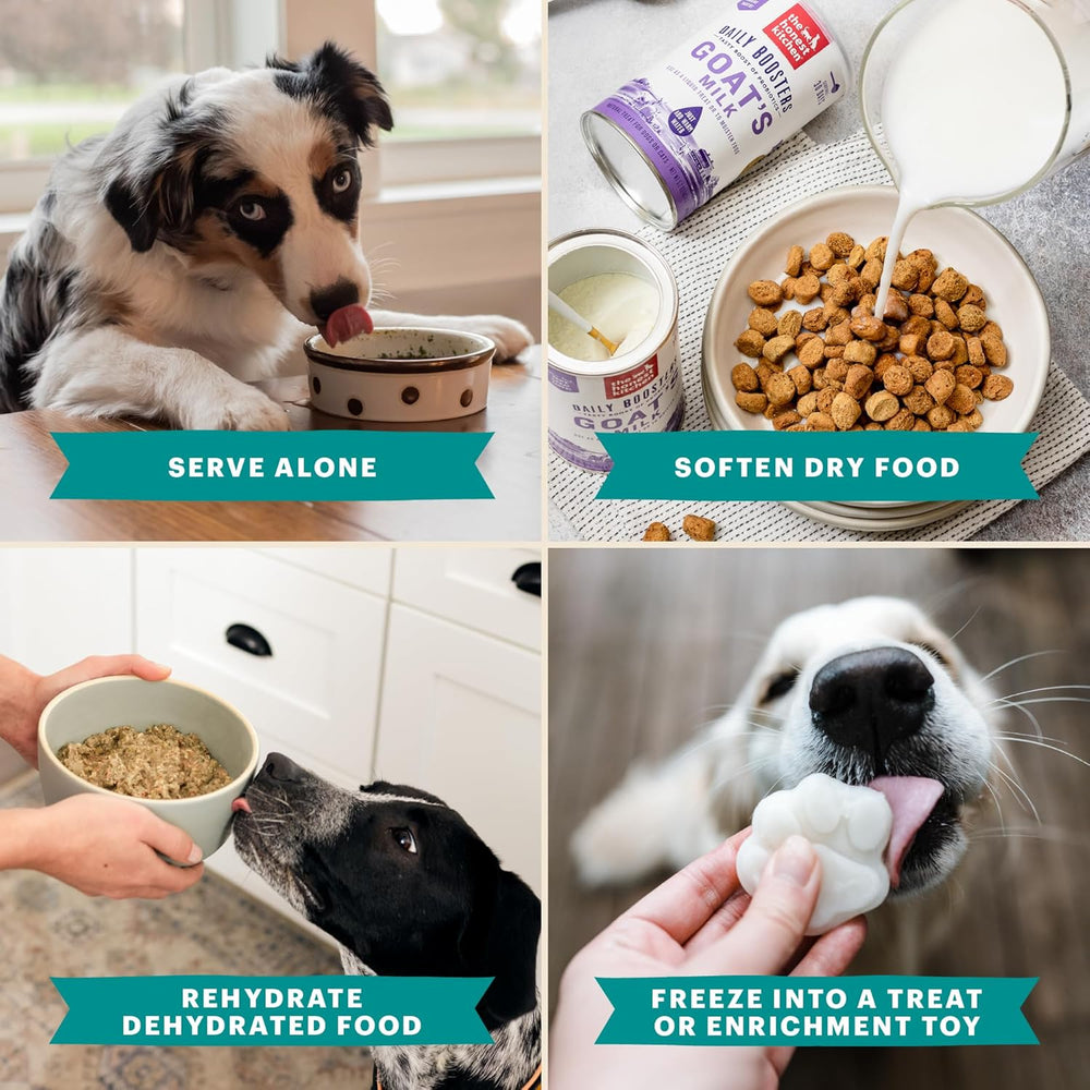 Collage of a dog eating from a bowl, with text on how to use a product, including serving alone, softening dry food, rehydrating dehydrated food, and freezing into a treat or enrichment toy. The Honest Kitchen Instant Goat's Milk with Probiotics