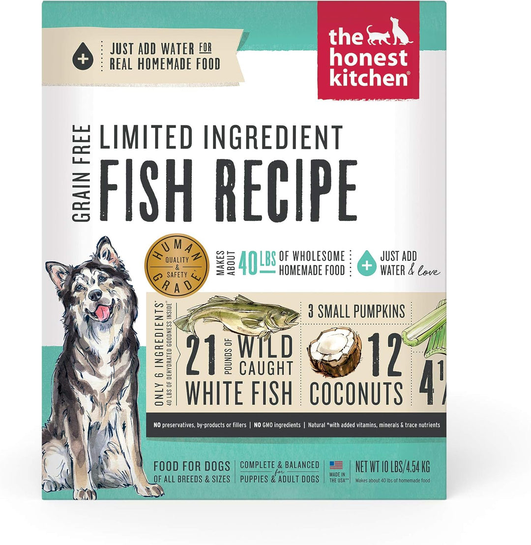 Dog food package with 'The Honest Kitchen' branding and a fish recipe label.