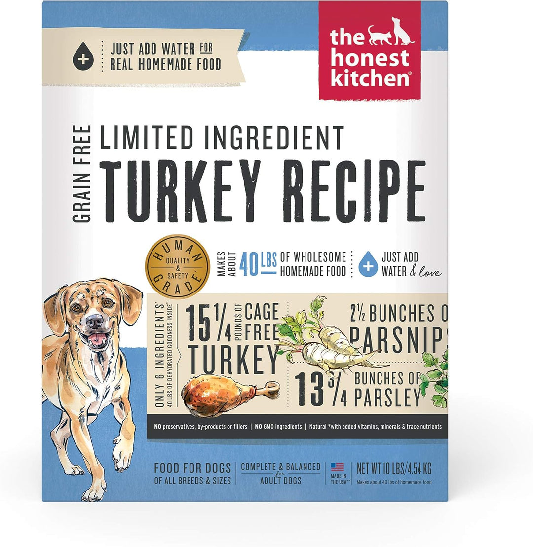Honest Kitchen dog food package with a turkey recipe on a white background