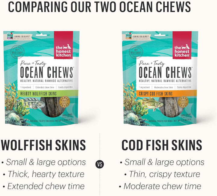 Two packages of 'The Honest Kitchen' Ocean Chews with text comparing wolffish and cod fish skin options.