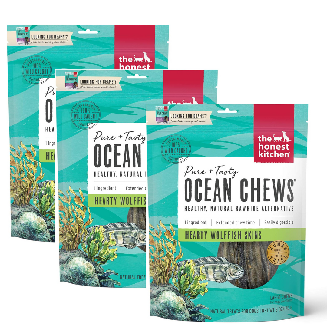 Three packages of 'The Honest Kitchen' Ocean Chews for dogs on a white background. The Honest Kitchen Ocean Chews Hearty Wolffish Skins Beams