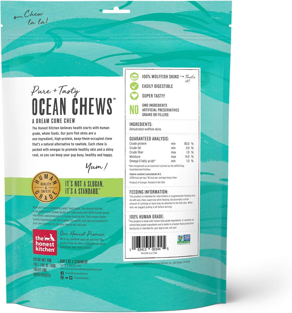 Package of Ocean Chews with teal and white design.  The Honest Kitchen Ocean Chews Hearty Wolffish Skins Beams