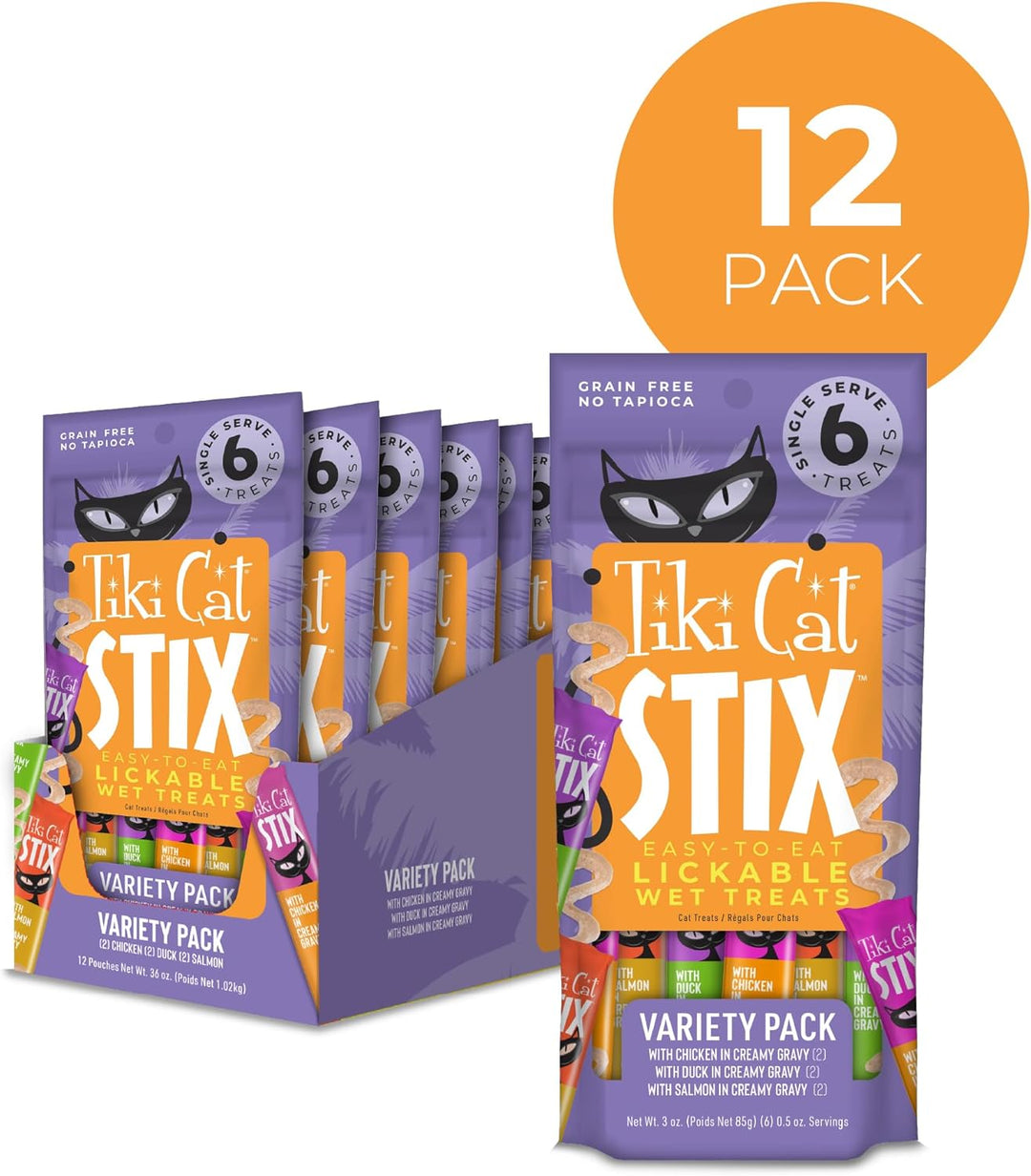 Tiki Cat Stix lickable wet treats variety pack with 12-pack. Tiki Cat Stix Mousse Treats, Variety Pack with Salmon, Chicken, and Duck