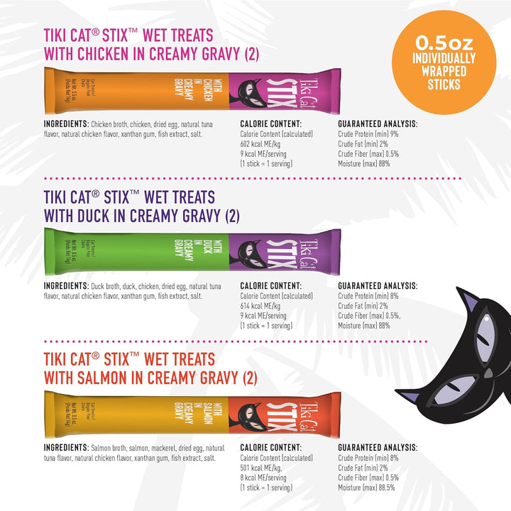 Tiki Cat Stix wet treats packaging with product details on a white background. Tiki Cat Stix Mousse Treats, Variety Pack with Salmon, Chicken, and Duck