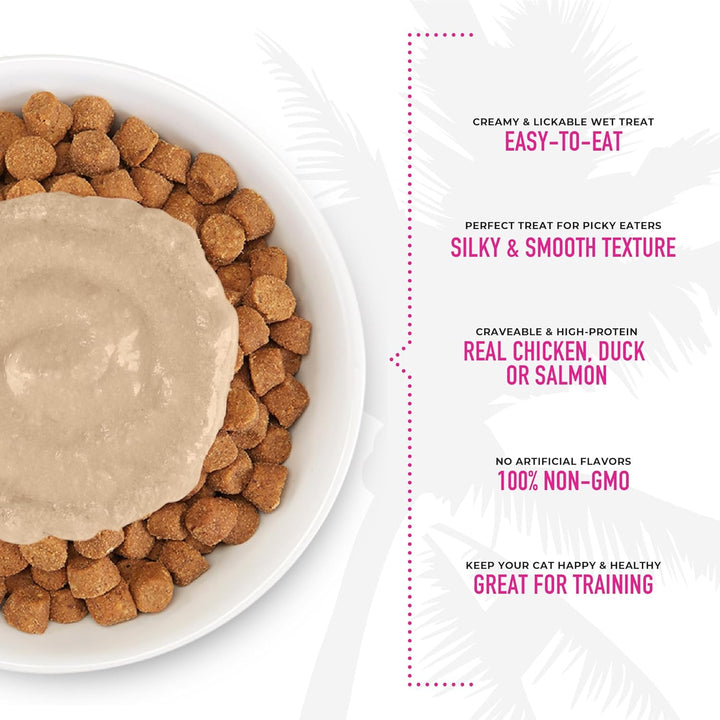 Cat food bowl with treats and text highlighting features on a white background. Tiki Cat Stix Mousse Treats, Variety Pack with Salmon, Chicken, and Duck