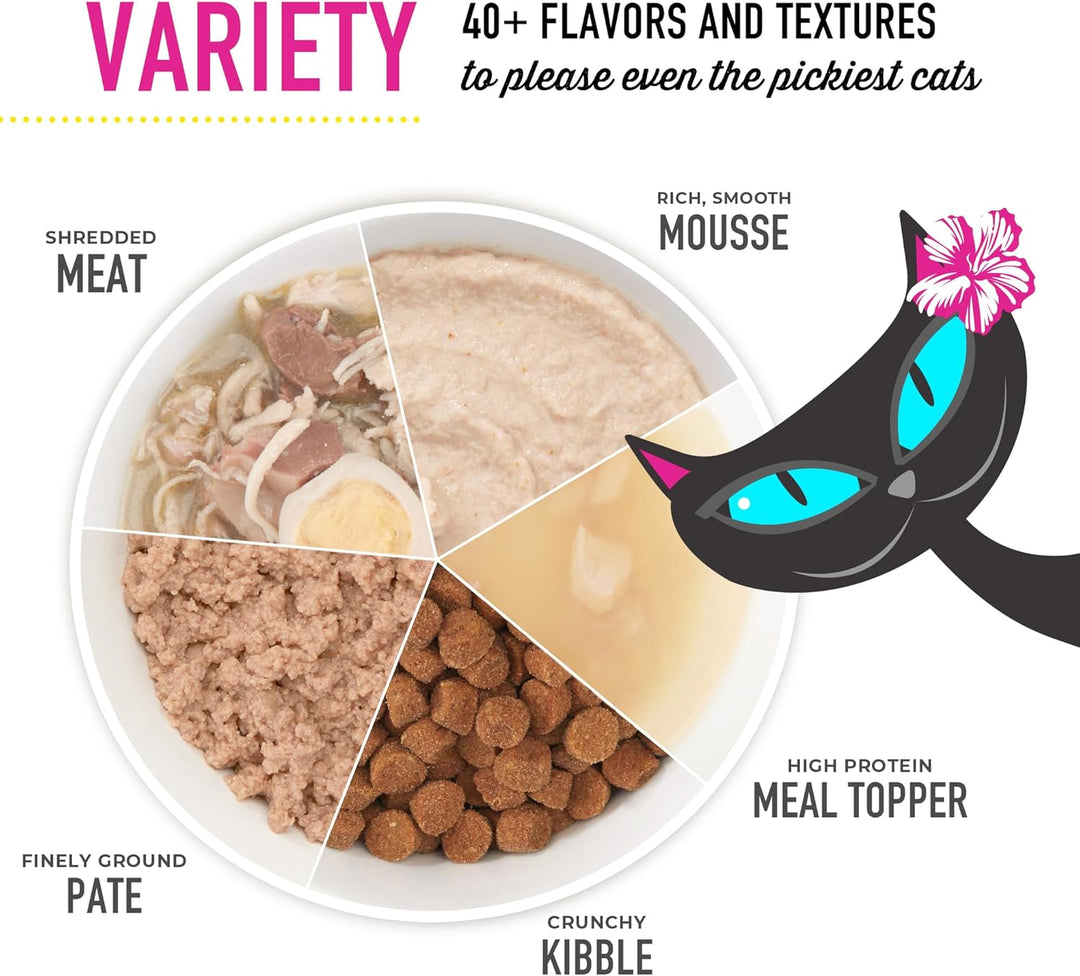 Cat food variety chart with different textures and flavors, featuring a cartoon cat illustration. Tiki Cat Stix Mousse Treats, Variety Pack with Salmon, Chicken, and Duck