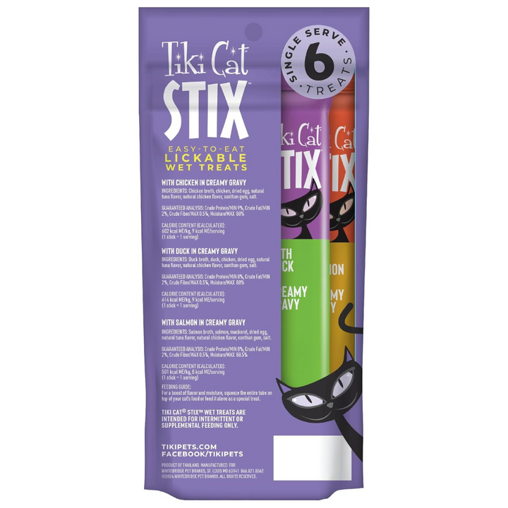 Tiki Cat Stix cat treats packaging on a white background. Tiki Cat Stix Mousse Treats, Variety Pack with Salmon, Chicken, and Duck