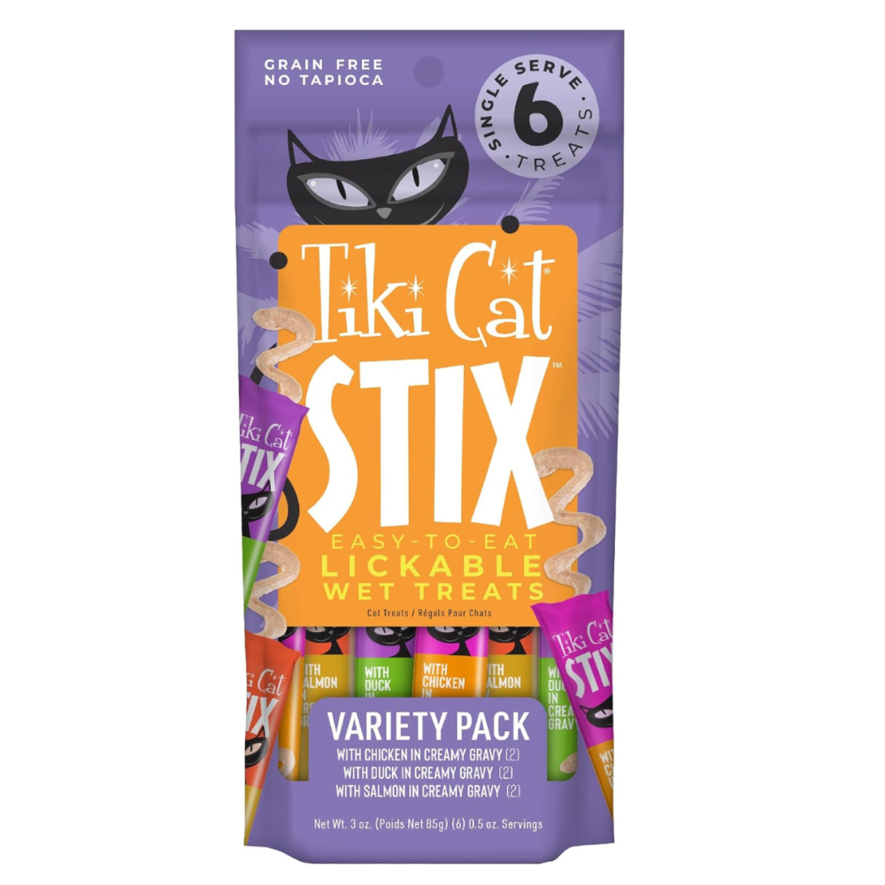 Tiki Cat Stix lickable wet treats variety pack on a white background