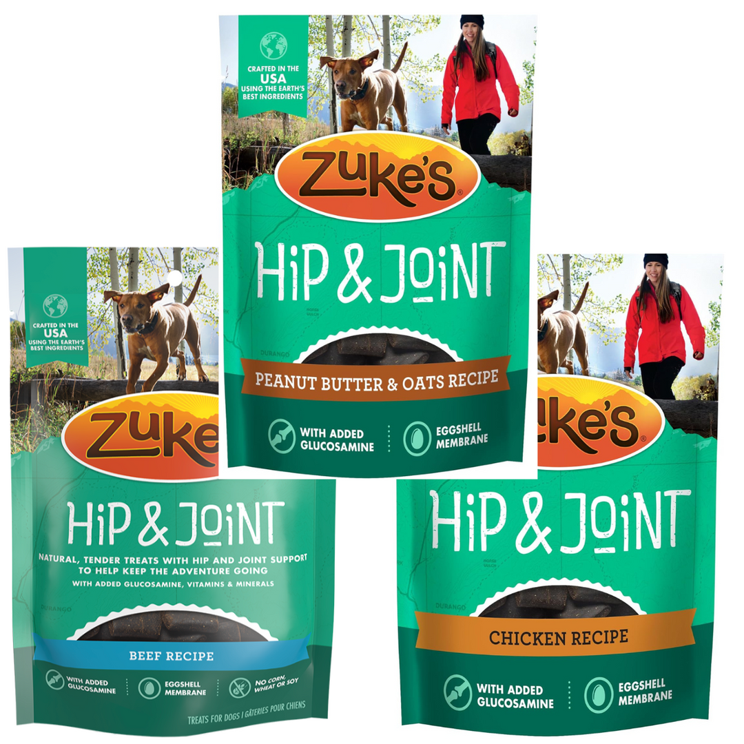 Zuke's Hip & Joint dog food packages with images of a person and dog outdoors. Zuke's Hip Action Hip & Joint Support 