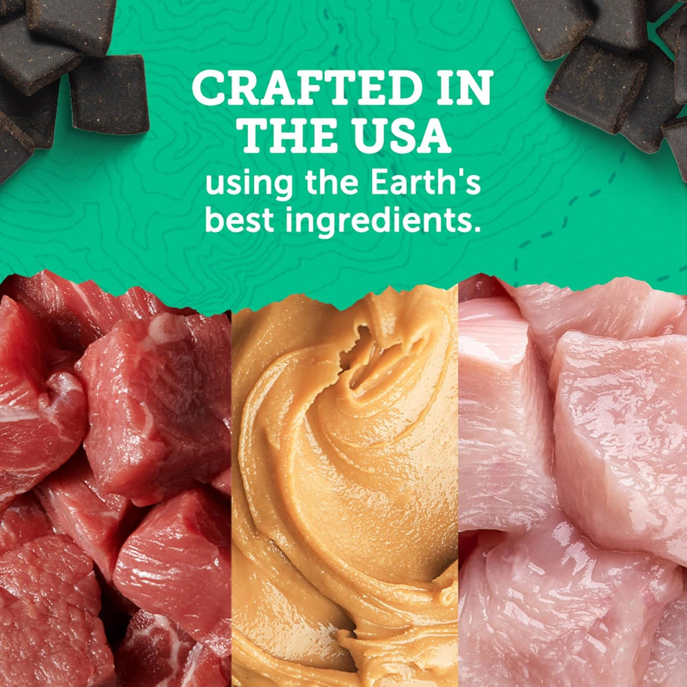 Raw meat, peanut butter, and fish with text 'Crafted in the USA using the Earth's best ingredients' on a green background. Zuke's Hip Action Hip & Joint Support 