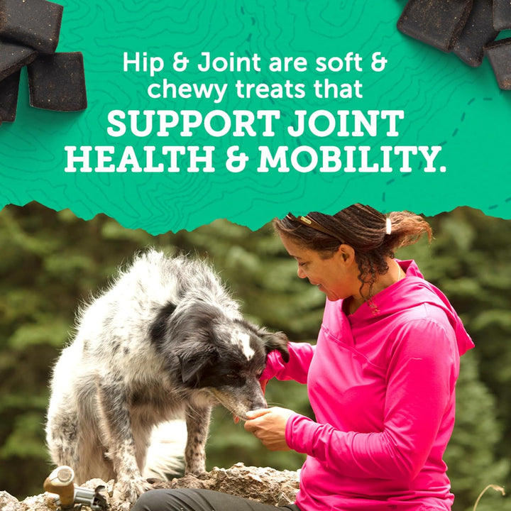 Woman in pink jacket petting a dog with text about hip and joint treats on a green background. Zuke's Hip Action Hip & Joint Support 