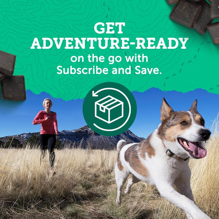 Dog running with a person in the background, promotional text for 'Subscribe and Save' on a green background. Zuke's Hip Action Hip & Joint Support 