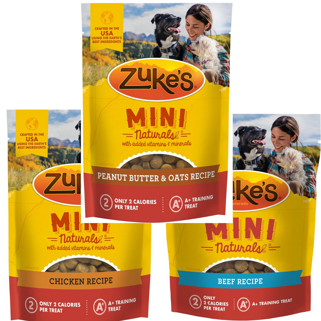 Four packages of Zuke's Mini Naturals dog treats with different flavors on a white background. Zuke's Mini Naturals Dog Training Treats Variety Pack (16oz Each)