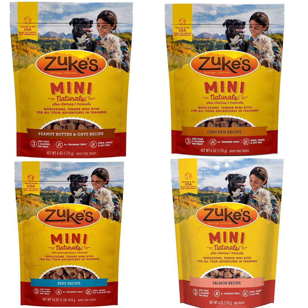 Four packages of Zuke's Mini Naturals dog treats with different flavors on a white background. Zuke's Mini Naturals Dog Training Treats Variety Pack (6oz Each)