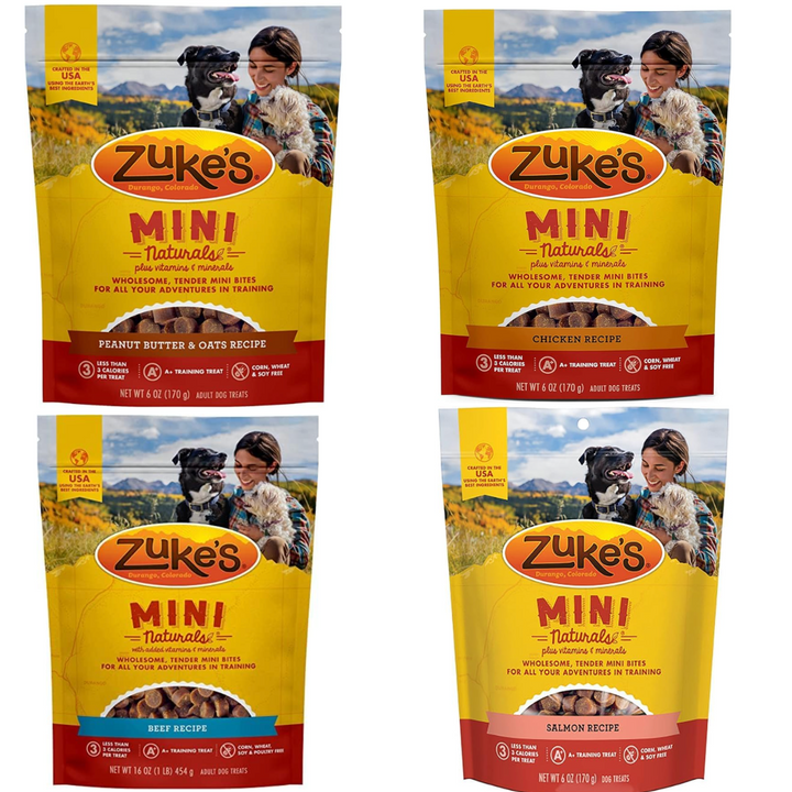 Four packages of Zuke's Mini Naturals dog treats with different flavors on a white background. Zuke's Mini Naturals Dog Training Treats Variety Pack (6oz Each)