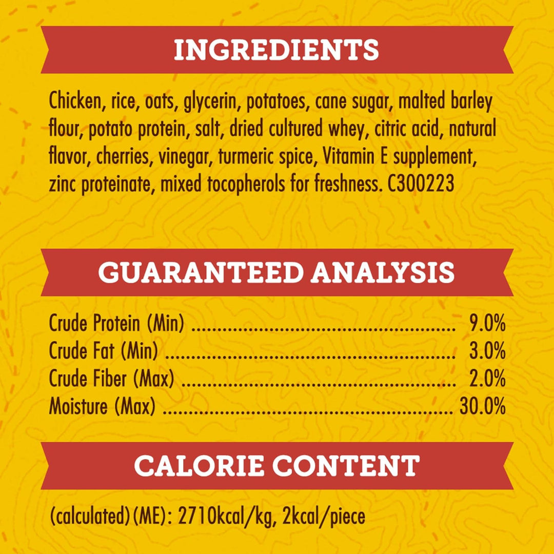 Nutritional label with ingredients, guaranteed analysis, and calorie content on a yellow background. Zuke’s Mini Naturals Dog Training Treats for Dogs