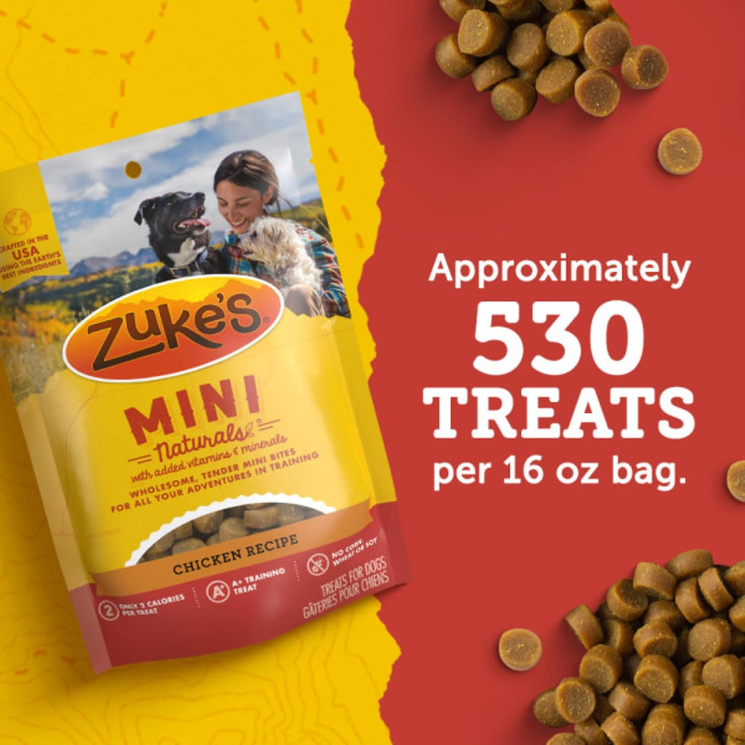 Zuke's Mini Naturals dog treat package with text on bag quantity. Zuke’s Mini Naturals Dog Training Treats for Dogs
