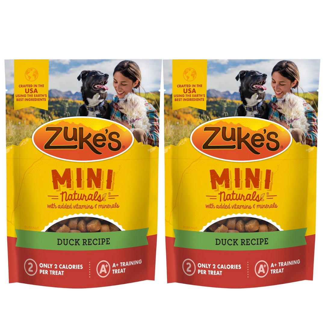 Two packages of Zuke's Mini Naturals Duck Recipe dog treats on a white background. Zuke's Mini Naturals Dog Treats Duck Recipe 