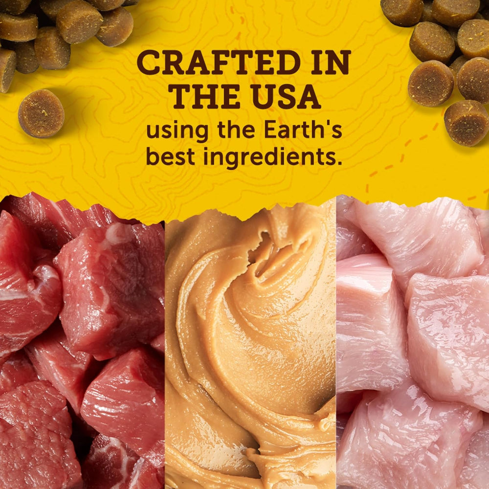 Dog food ingredients with text 'Crafted in the USA using the Earth's best ingredients' on a yellow background. Zuke's Mini Naturals Dog Treats Duck Recipe 
