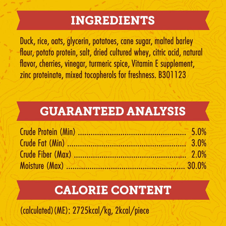 Nutritional label with ingredients, guaranteed analysis, and calorie content on a yellow background. Zuke's Mini Naturals Dog Treats Duck Recipe 