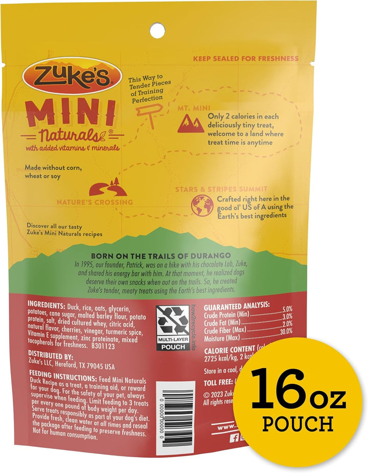 Zuke's Mini Naturals dog treat package with yellow and red design. Zuke's Mini Naturals Dog Treats Duck Recipe 