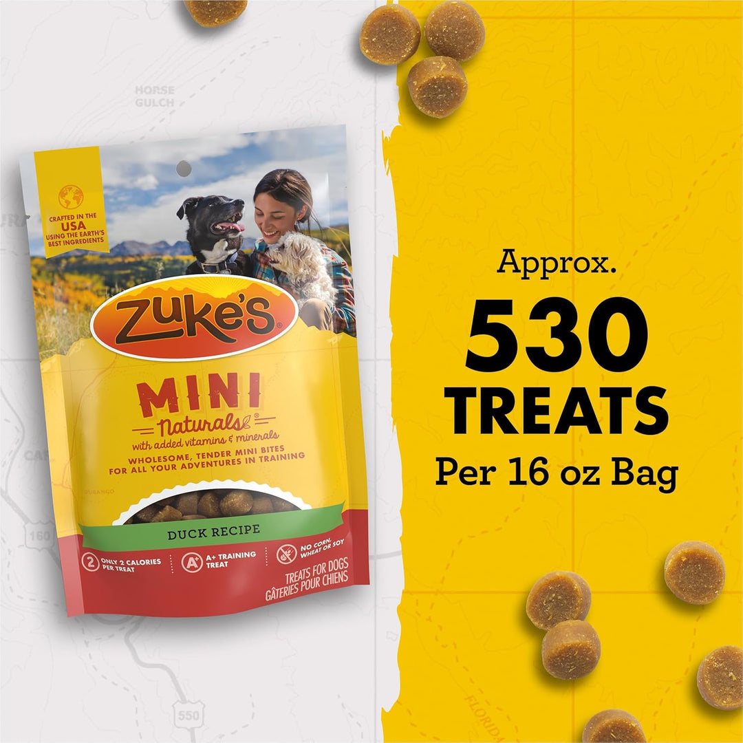 Zuke's Mini Naturals dog treat package with text on bag size and treats per bag. Zuke's Mini Naturals Dog Treats Duck Recipe 