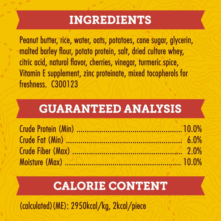 Nutritional label with ingredients, guaranteed analysis, and calorie content on a yellow background. Zuke's Mini Naturals Dog Treats Peanut Butter