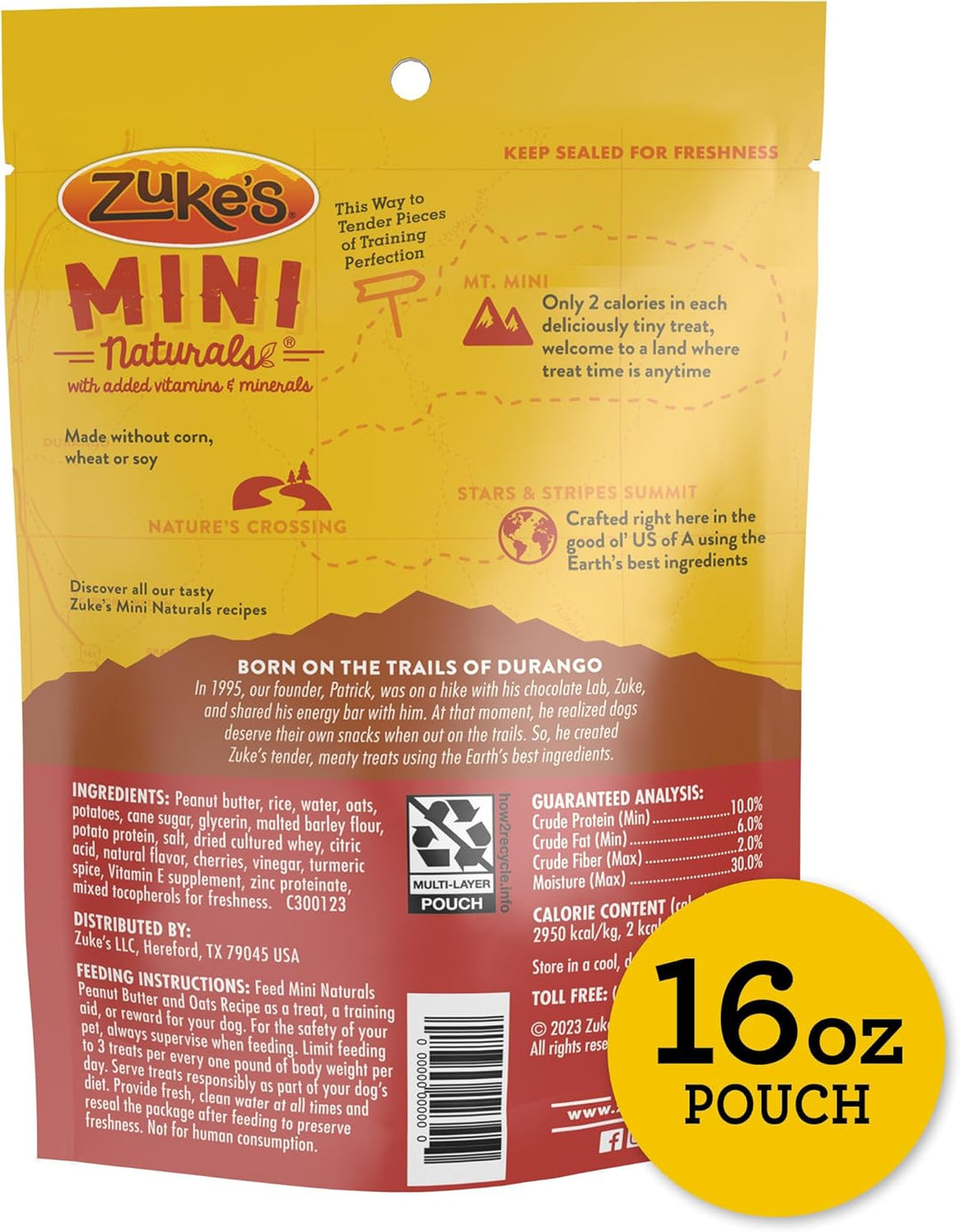 Zuke's Mini Naturals dog treat package with yellow and red design. Zuke's Mini Naturals Dog Treats Peanut Butter