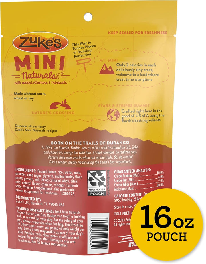 Zuke's Mini Naturals dog treat package with yellow and red design. Zuke's Mini Naturals Dog Treats Peanut Butter