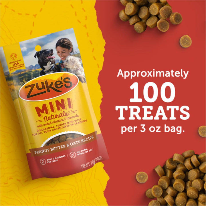 Zuke's Mini Naturals dog treat package with text on treats per bag, on a yellow and red background. Zuke's Mini Naturals Dog Treats Peanut Butter