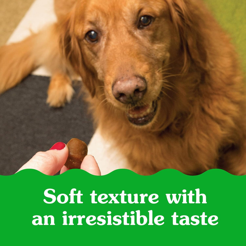 Dog looking at a treat held by a person with text 'Soft texture with an irresistible taste' on a green banner.