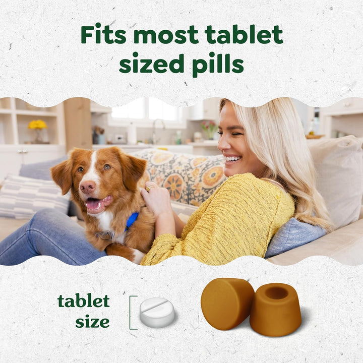 Woman sitting on a couch with a dog, surrounded by pillows and a pill container, with text indicating the product fits most tablet-sized pills.