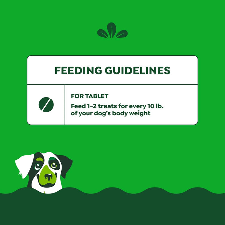 Feeding guidelines for a dog supplement on a green background with a cartoon dog illustration.