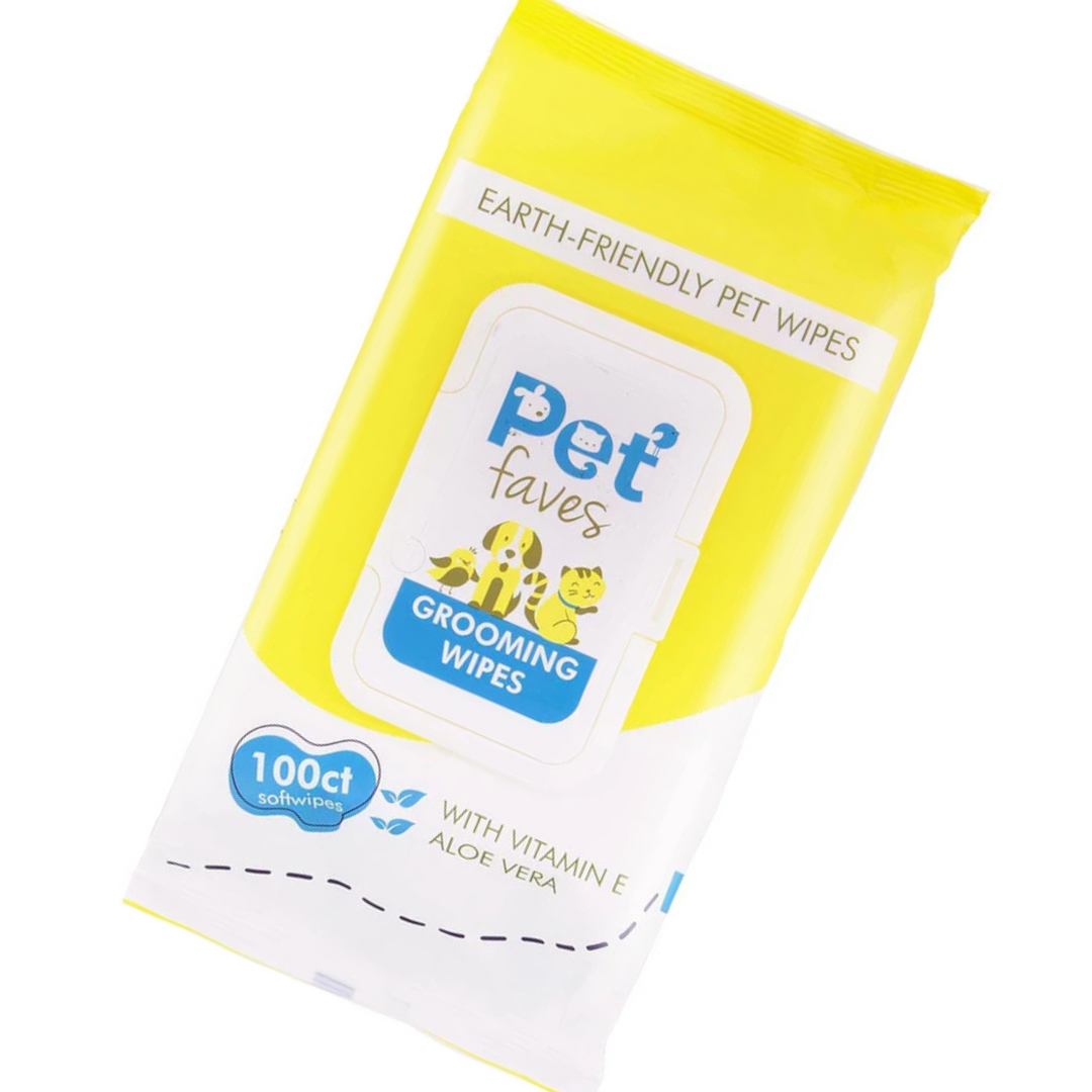 Pack of Pet Faves grooming wipes with yellow and white packaging on a white background