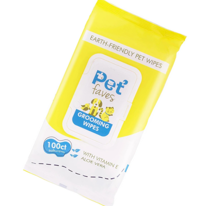 Pack of Pet Faves grooming wipes with yellow and white packaging on a white background