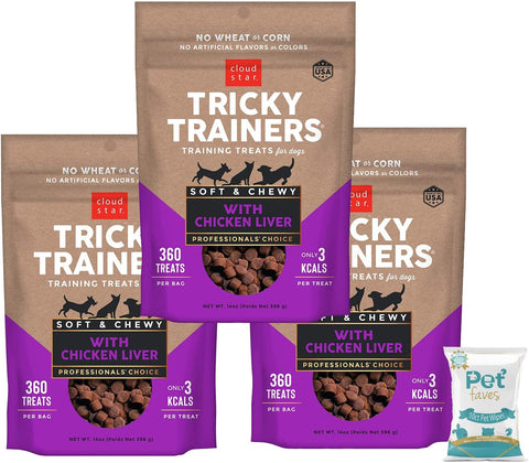 (3 Pack) Cloud Star Tricky Trainers Chewy Dog Treats Whole Grain Soft for Adult & Puppy - Liver 14oz Each with 10ct Pet Wipes