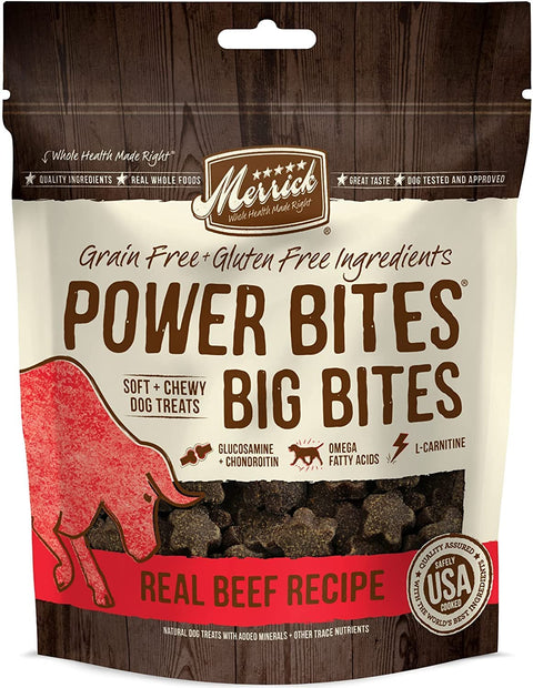 (4 Pack) Merrick Power Bites - Big Bites Real Chicken and Beef Recipe Dog Treat, 6Oz with 10ct Pet Wipes
