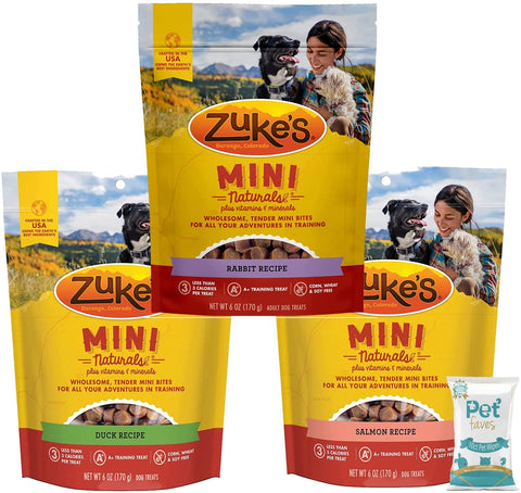 (3 Pack) Zuke Mini Naturals 3 Flavors Combo of Dog Treats - ( Wild Rabbit, Delicious Duck, Savory Salmon) - 6 oz Each with 10ct Pet Wipes