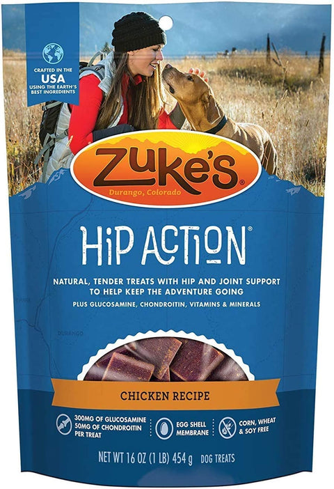 3 Pack Zuke Hip Action Hip & Joint Support Treats for Dogs 3 Flavor: (1) Roasted Beef Recipe, (1) Fresh Peanut Butter Formula, and (1) Roasted Chicken Recipe (16oz Each) with 10ct Wipes