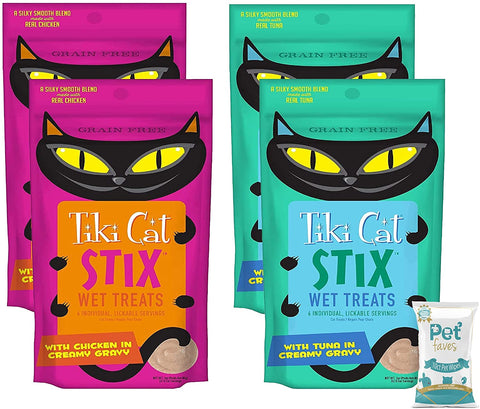 (4 Pack) Tiki Cat Stix Wet Treats, Grain Free Lickable Silky Smooth Blend in Tuna and Chicken Creamy Gravy, Topper or Treat with 10ct Pet Wipes