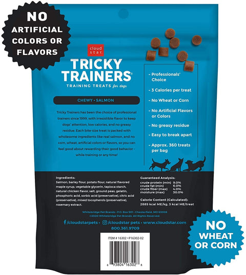 (3 Pack) Cloud Star Tricky Trainers Soft & Chewy Training Treats for Dog. Low Calorie. Salmon 14 oz, with 10ct Pet Wipes