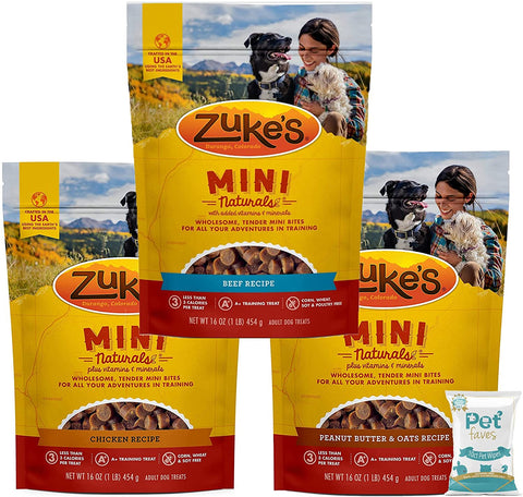 (3 Pack) Zuke Mini Naturals - Chicken, Beef , Peanut Butter - 16oz Each with 10ct Pet Wipes
