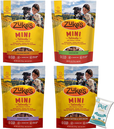 (4 Pack) Zukes Mini Naturals Healthy Moist Dog Training Treats Variety Pack (6oz Each) - Chicken, Duck, Rabbit, and Peanut Butter with 10ct Pet Wipes