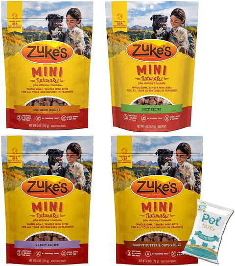 (4 Pack) Zukes Mini Naturals Healthy Moist Dog Training Treats Variety Pack (6oz Each) - Chicken, Duck, Rabbit, and Peanut Butter with 10ct Pet Wipes
